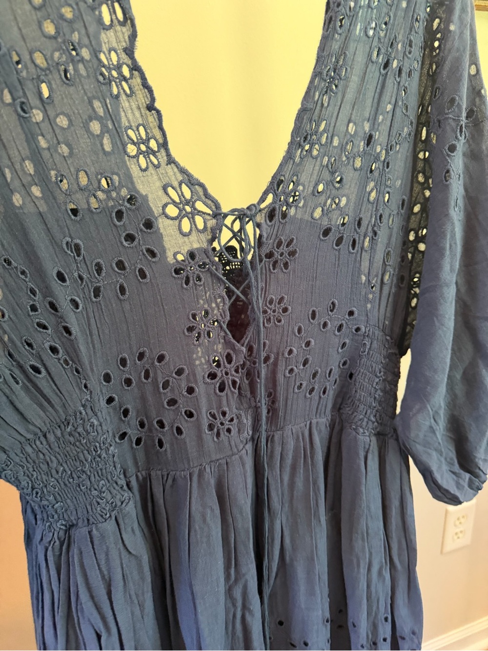 Free People Navy Eyelet V-Neck Mini Dress three quarter sleeves - Women - Picture 7 of 9